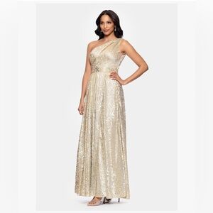 Betsy & Adam One-Shoulder Gold Metallic Evening Gown